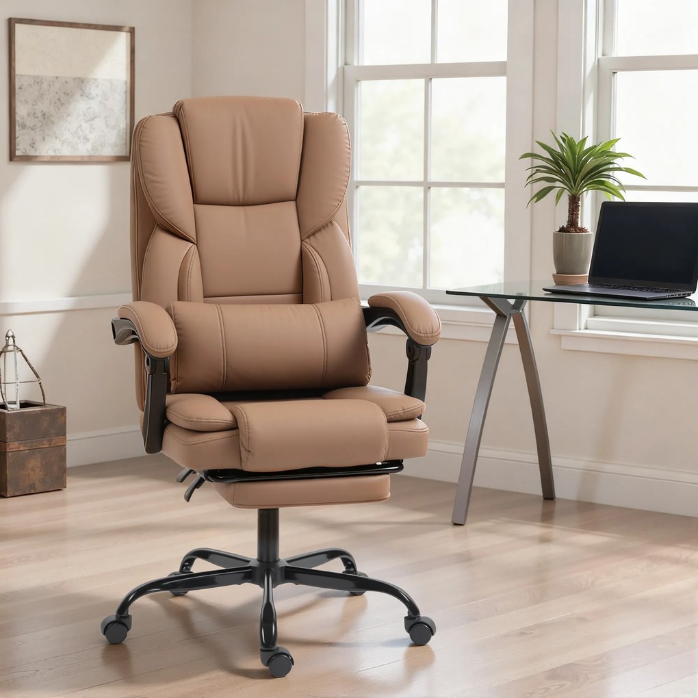 Scaun de birou ergonomic HOMCOM reclinabil 140° cu reposapiede și pernă, scaun de birou din piele ecologică anti-zgârieturi, ușor de curățat, brațe îmbunătățite, pivotant și reglabil pe înălțime, maro | Aosom Romania
