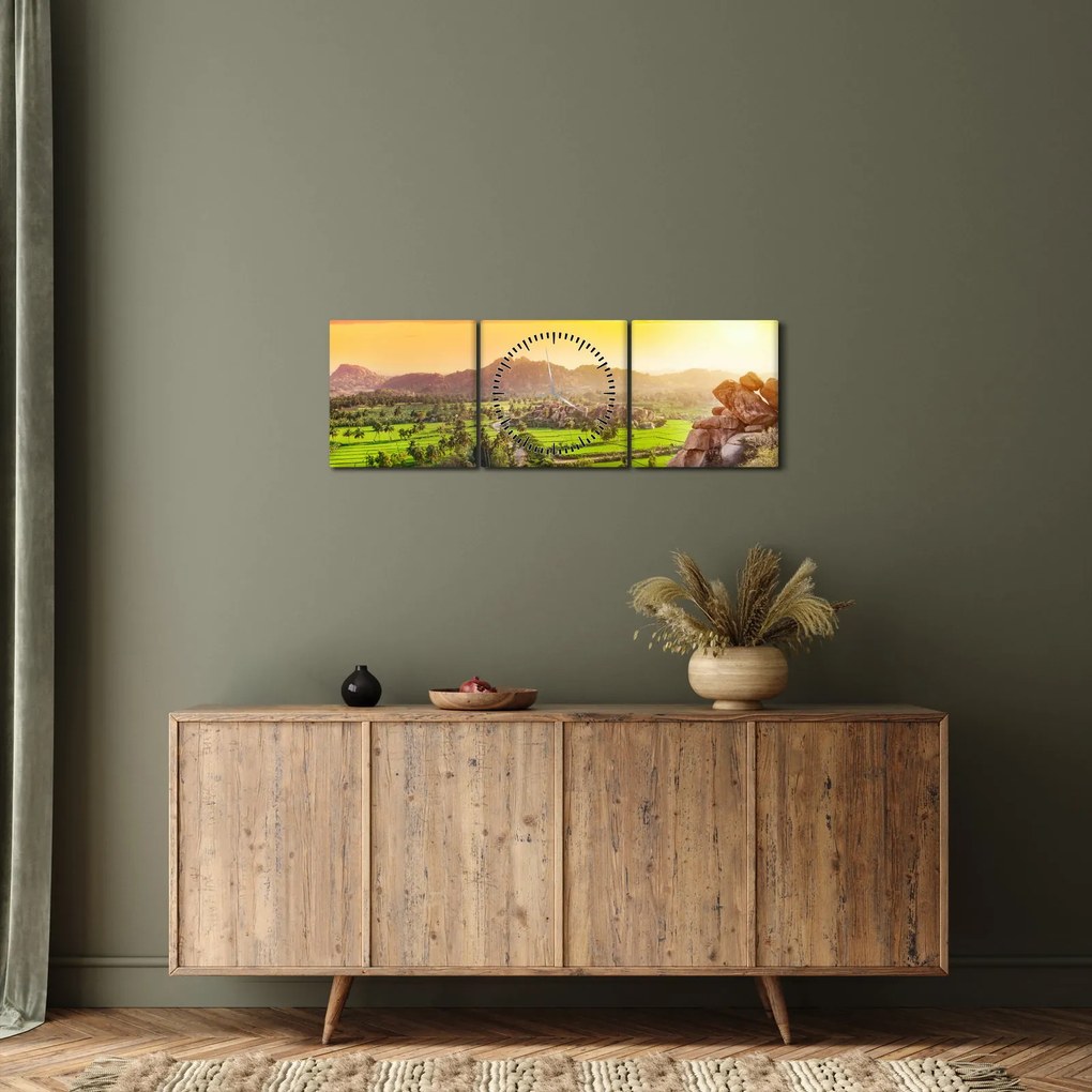 Tablou cu valea Hampi în India (cu ceas) (90x30 cm)