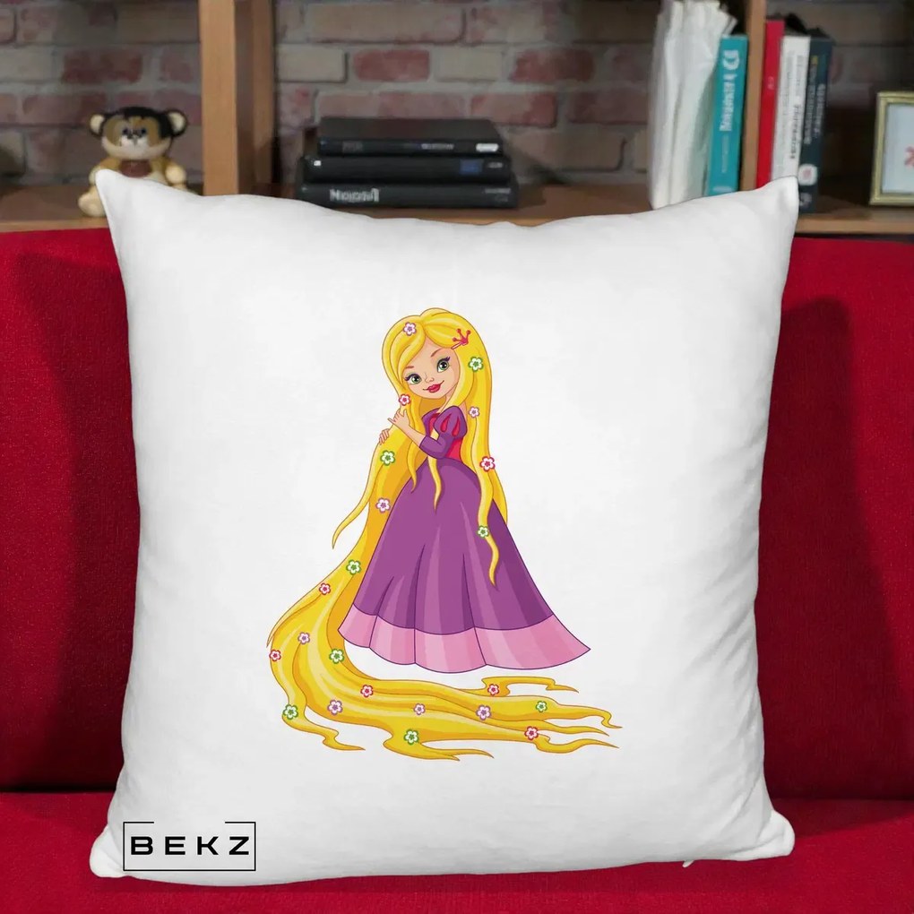 Perna Personalizata Rapunzel Par Lung Floral, 40x40 cm, Alb Pufos, Husa Detasabila, Perna Inclusa, BEKZ®