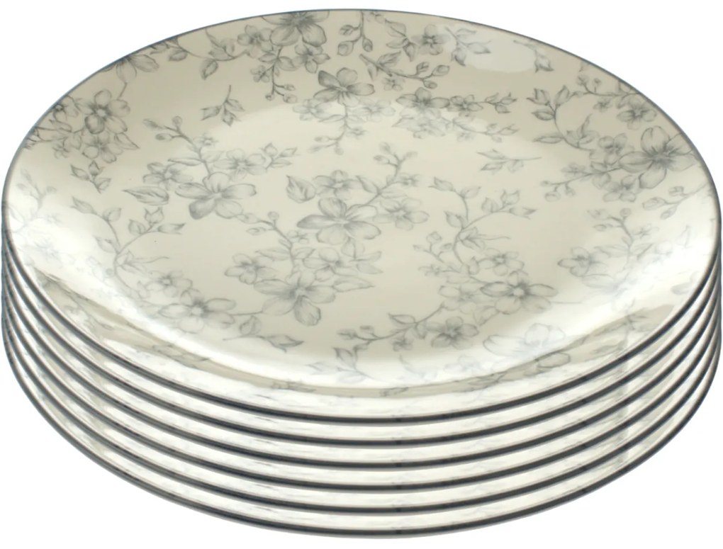 Set de 6 farfurii plate Flori delicate 26 cm,gri