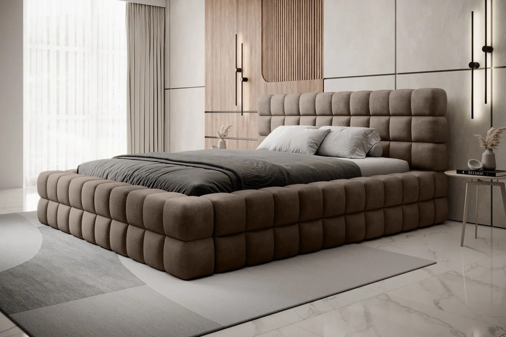 Pat tapitat cu somiera rabatabila si lada depozitare, 180x200 cm, ELTAP, BE-DIZ-MET-20AMO, Dizzle, metal/poliester, bej inchis