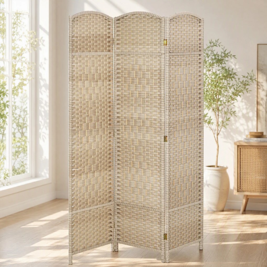 HOMCOM Paravan Interior cu 3 Panouri Pliabil, 135x180 cm, Separatoare Împletit din PP și Lemn de Pin, Stejar | Aosom Romania