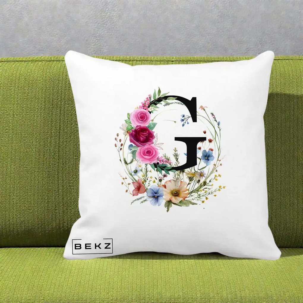 Cadou Personalizat - Perna Personalizata Monogram Litera G cu Flori Acuarela, 40x40 cm, Alba Mata, Husa Detasabila, Perna Inclusa, BEKZ®