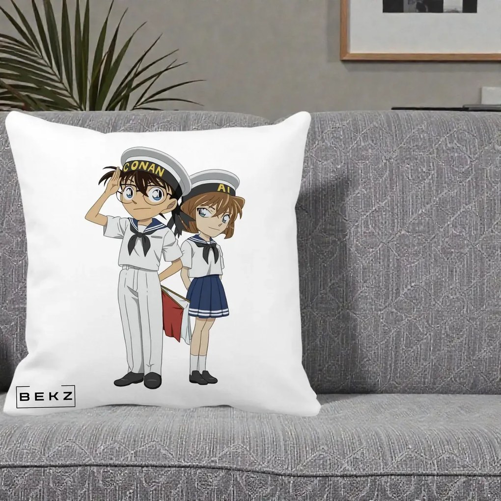 Perna Personalizata Detective Conan Conan si Ai Sailor, 40x40 cm, Alba Mata, Husa Detasabila, Perna Inclusa, BEKZ®