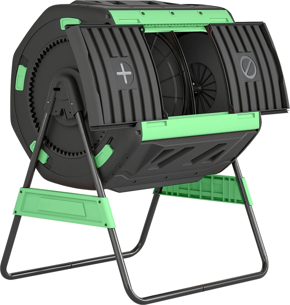 Compostor de Grădină Rotativ Outsunny 200L cu Cameră Dublă, Rotație 360°, Guri de Aerisire, Mănuși, din PP Fără BPA, pentru Compostare Deșeuri Organice din Bucătărie, Grădină și Curte | Aosom Romania