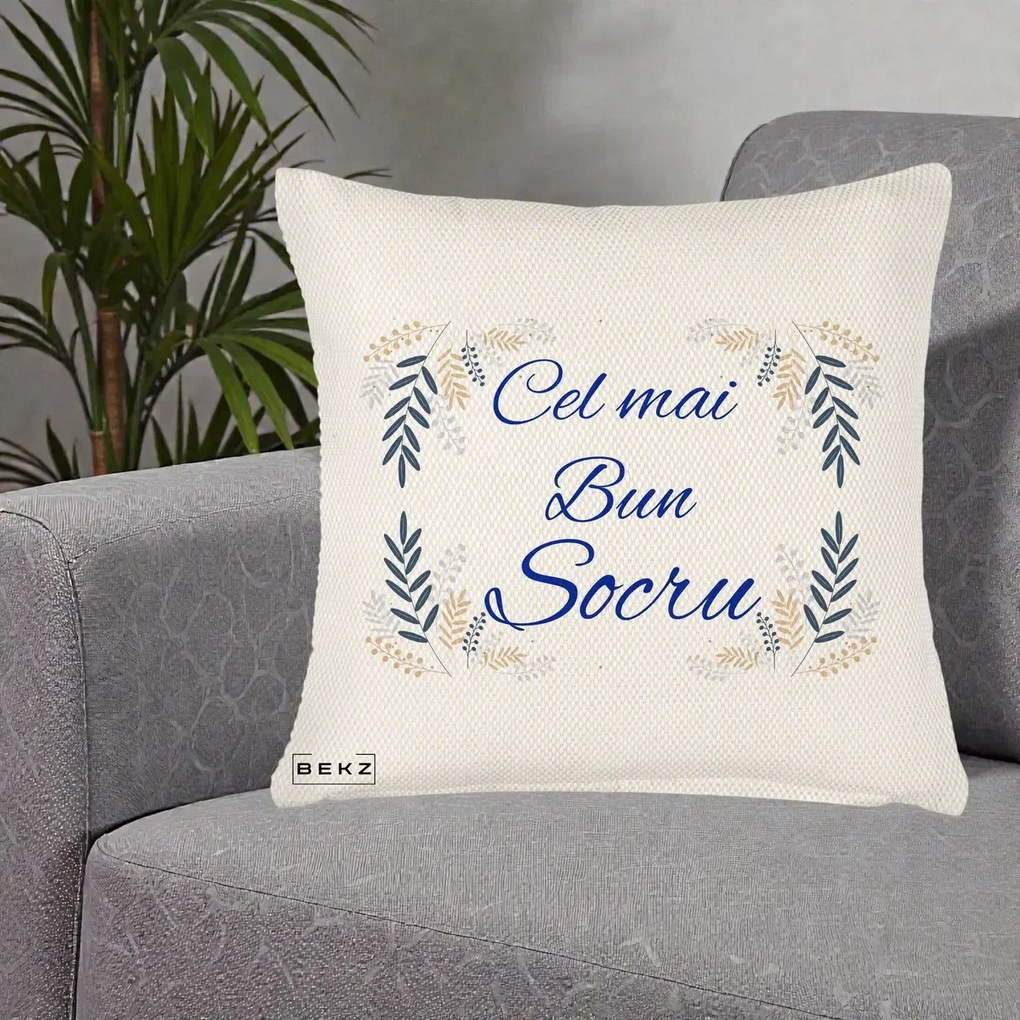 Cadou pentru Socru - Perna Personalizata Cel mai Bun Socru cu Ramuri Frunze Albastre si Aurii, 40x40 cm, Crem Reliefat, Husa Detasabila, Perna Inclusa, BEKZ®