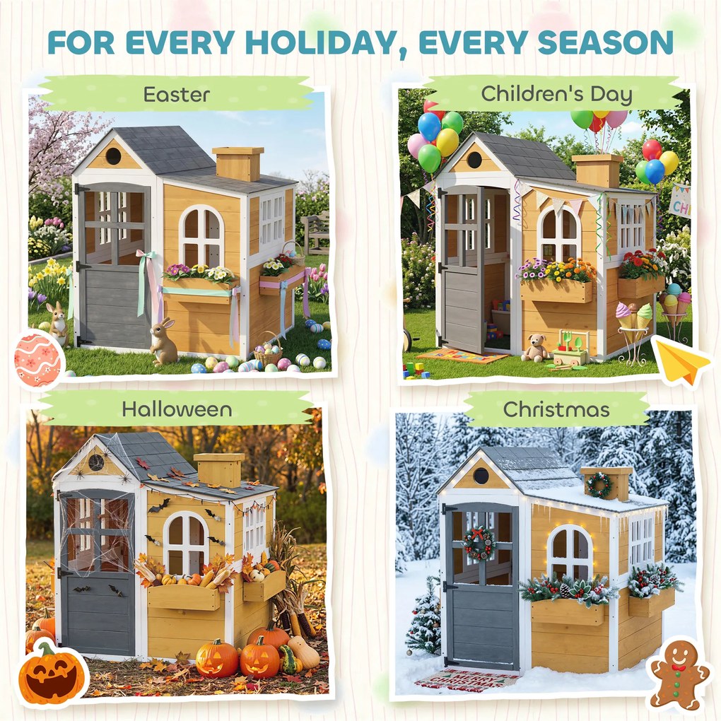AIYAPLAY Căsuță exterioară pentru copii din lemn, casă pentru copii exterior/interior cu ușă, ferestre, 3 jardiniere, galben | Aosom Romania