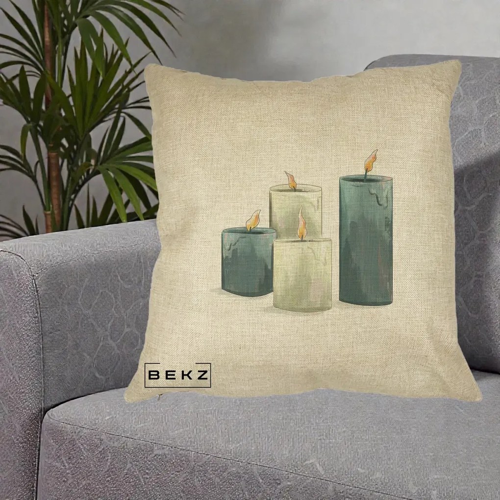 Perna Decorativa Lumanari Hygge Alb-Verde, 40x40 cm, Crem, Husa Detasabila, Perna Inclusa, BEKZ®
