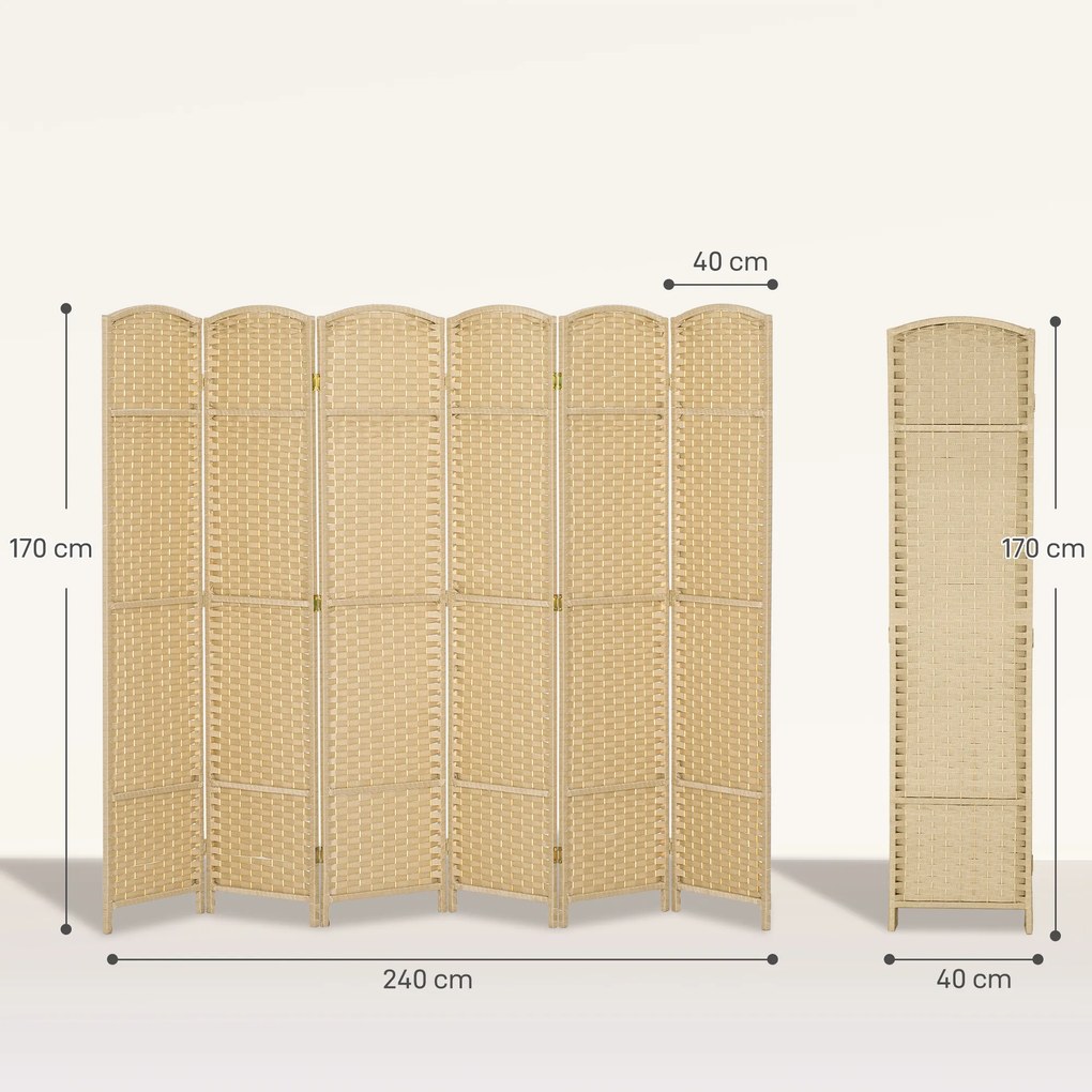 HOMCOM Paravan interior din lemn 6 panouri 240 x 170 cm separator de cameră pliabil pentru living, dormitor, natural | Aosom Romania