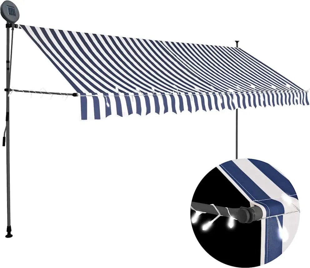 vidaXL Copertină retractabilă manual cu LED, albastru & alb, 400 cm