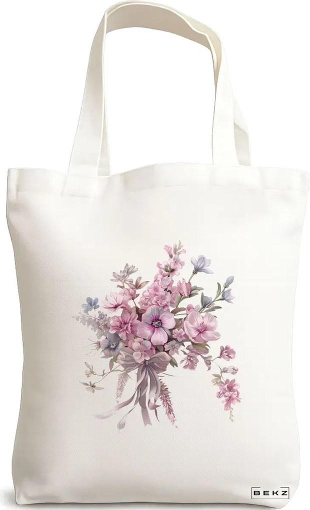 Sacosa de Panza pentru Cumparaturi, Geanta Tote, model Flowers 4 38 x 34.5 cm, Alba, BEKZ®