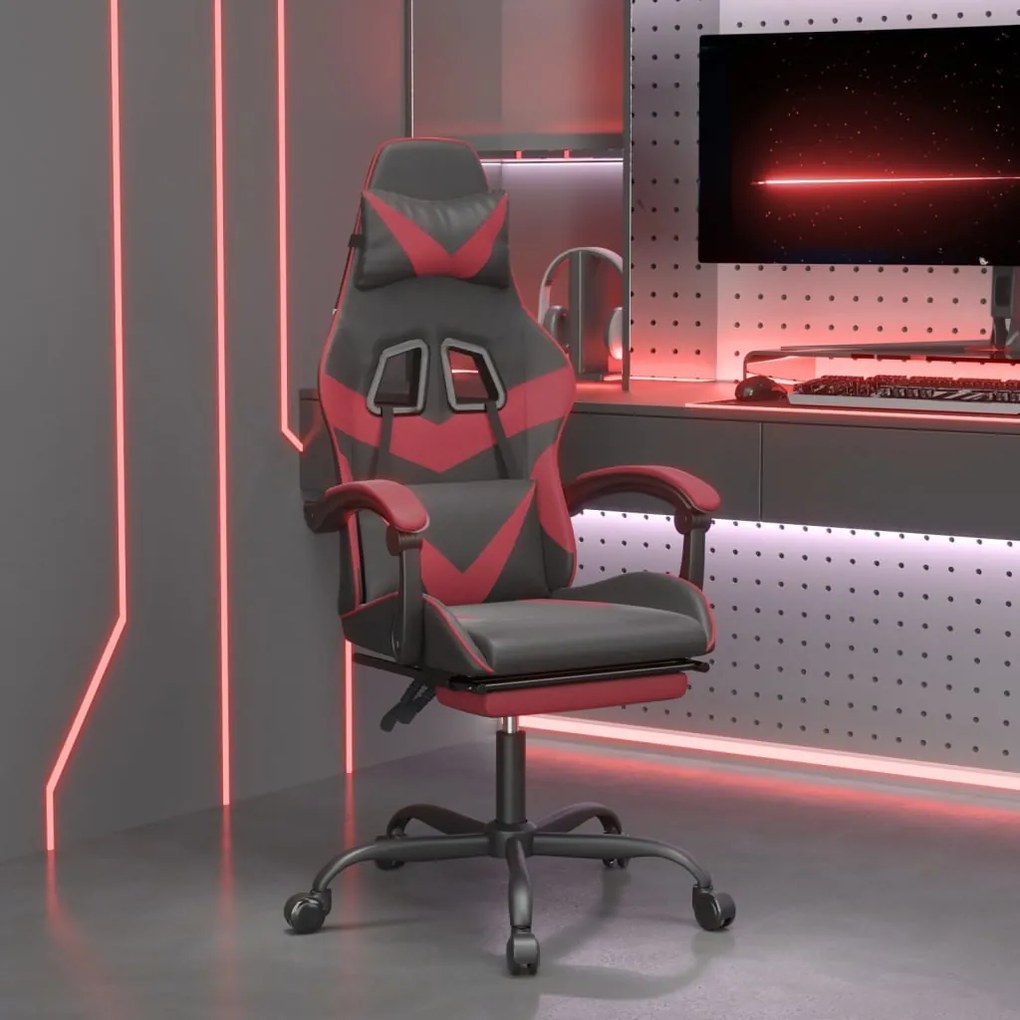 Scaun gaming pivotant suport picioare negru rosu vin piele eco
