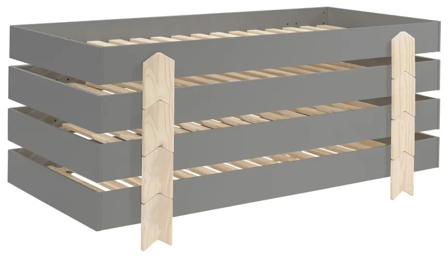 Set 4 paturi stivuibile pentru copii MODULO, gri, din MDF și pin masiv, cu somiere cu lamele incluse – Vipack