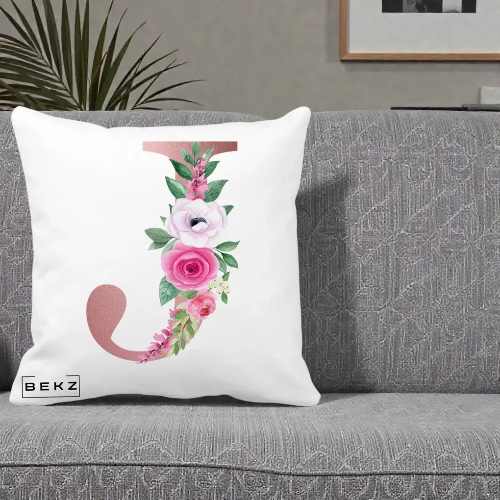 Cadou Personalizat - Perna Personalizata Monograma Rose Gold Litera J, 40x40 cm, Alba Mata, Husa Detasabila, Perna Inclusa, BEKZ®