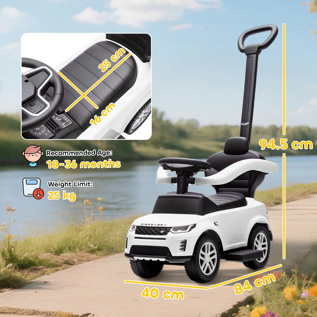 AIYAPLAY Mașinuță de Împins pentru Copii LAND ROVER DISCOVERY, 2-în-1 cu Mâner și Barieră de Siguranță, Alb | Aosom Romania