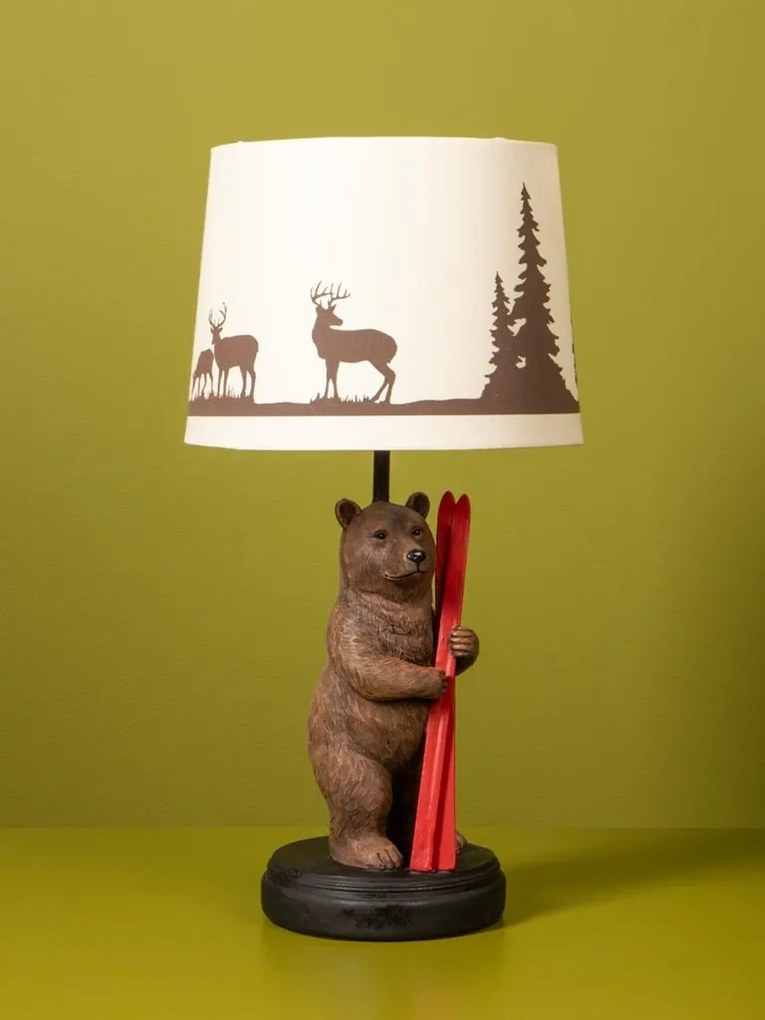 Lampă de masă din bumbac cu imprimeu, cu structură din rășină maro în formă de urs cu schiuri, finisaj patinat, 43×22 cm, „Chalet"