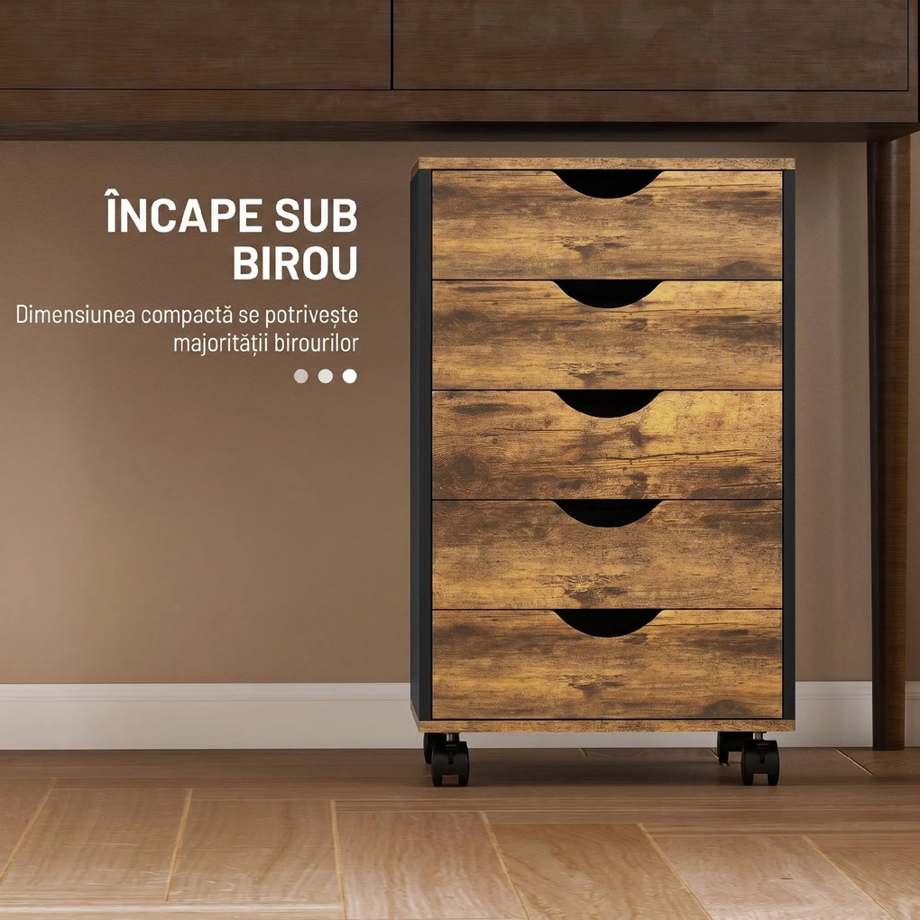 HOMCOM Comodă de Birou cu 5 Sertare și Roți Pivotante cu Frâne, 40x40x67 cm, Maro Rustic | Aosom Romania