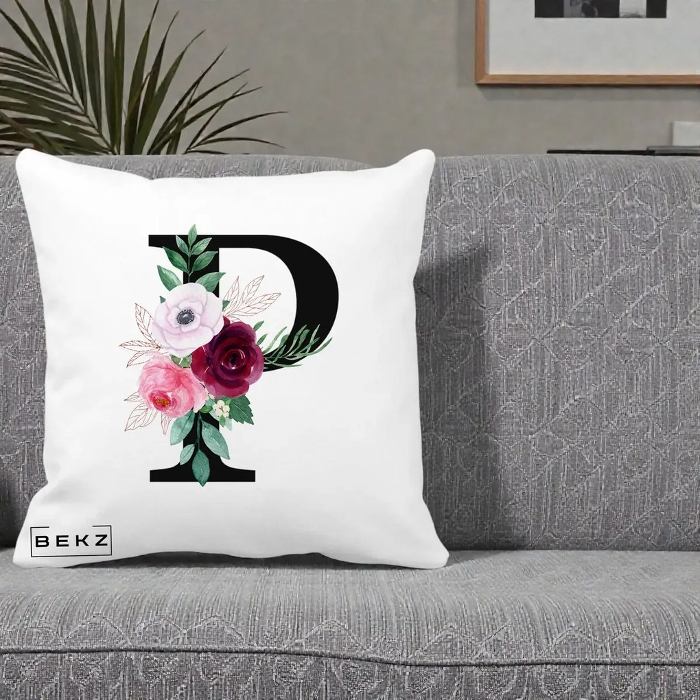 Cadou Personalizat - Perna Personalizata Monograma Florala Litera P, 40x40 cm, Alba Mata, Husa Detasabila, Perna Inclusa, BEKZ®