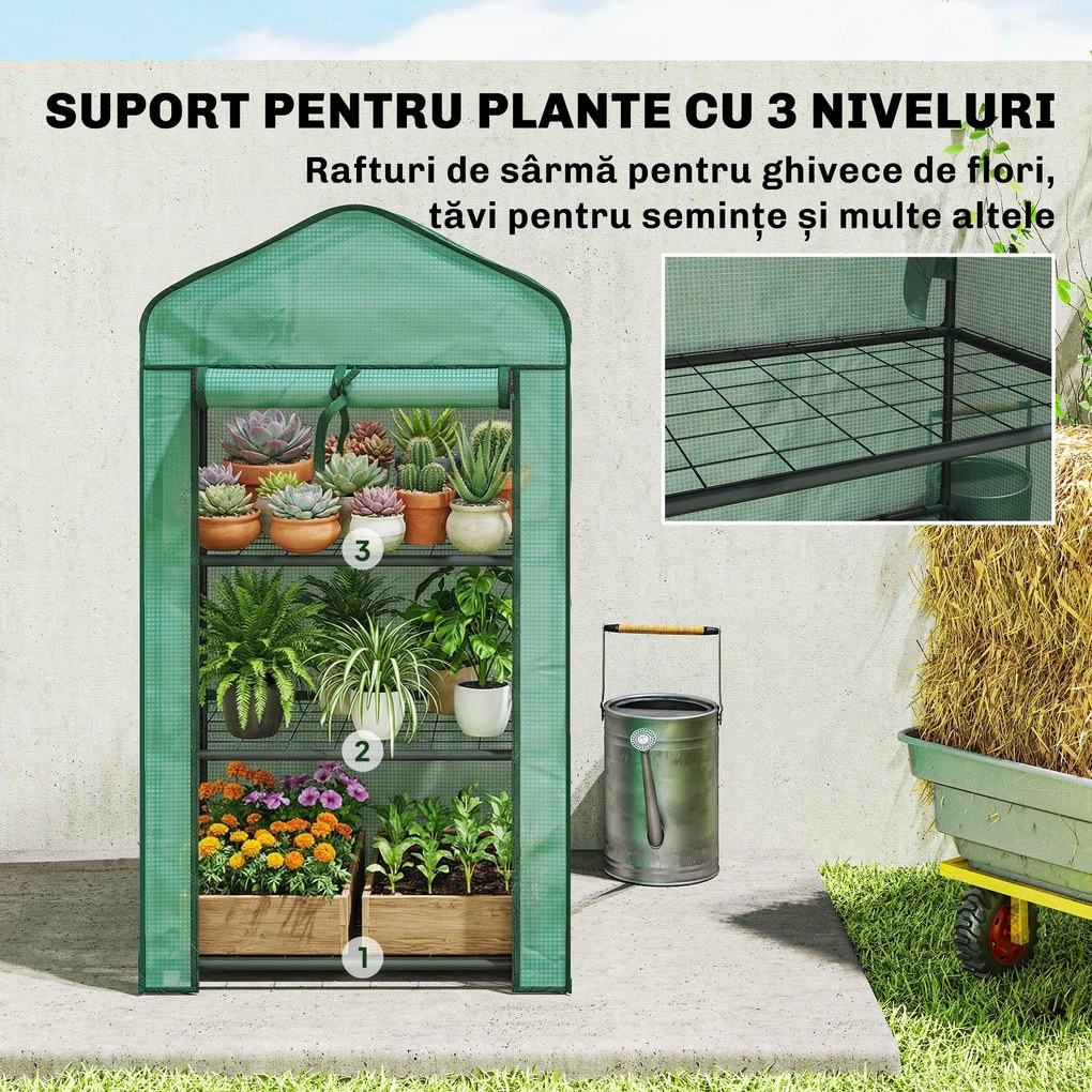 Outsunny Mini seră de grădină cu husă din PE, 3 rafturi și ușă rulabilă, 59x39x127 cm, verde | Aosom Romania