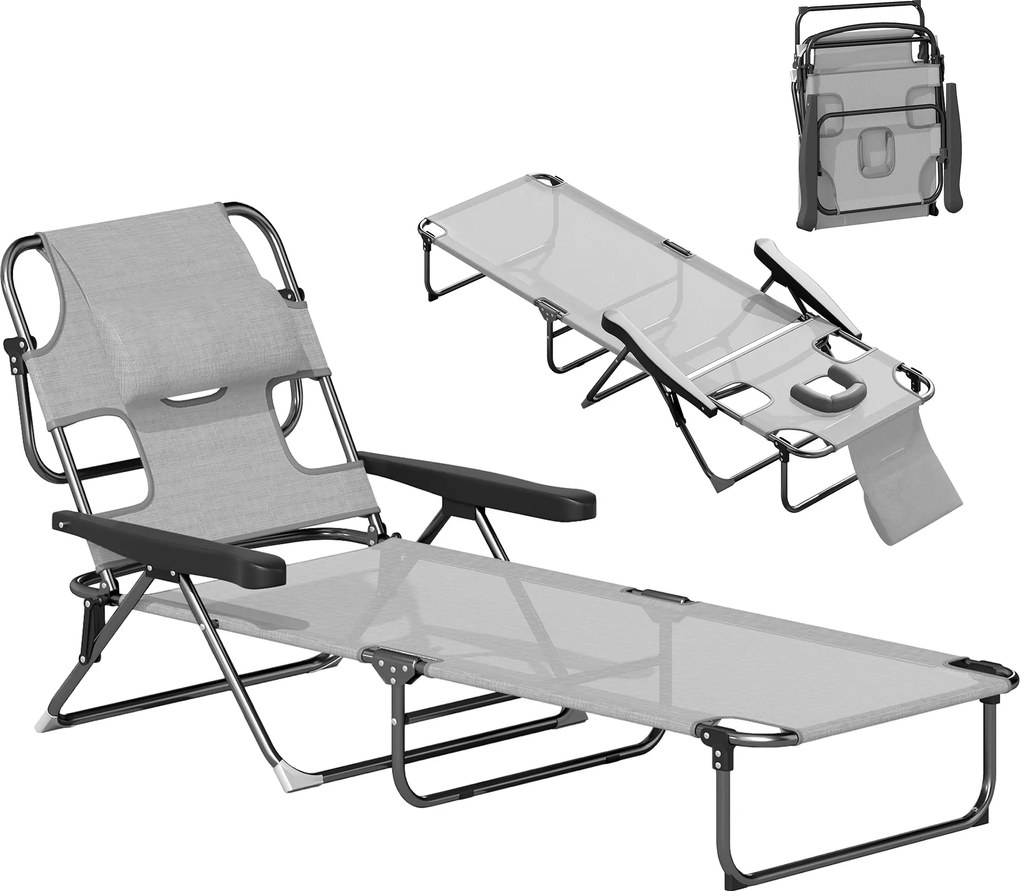 Outsunny Șezlong Pliabil Spătar Reglabil Decupaj pentru Citit Pernă pentru Cap și Brațe Sarcină 120 kg 145x72x89 cm Gri închis | Aosom Romania