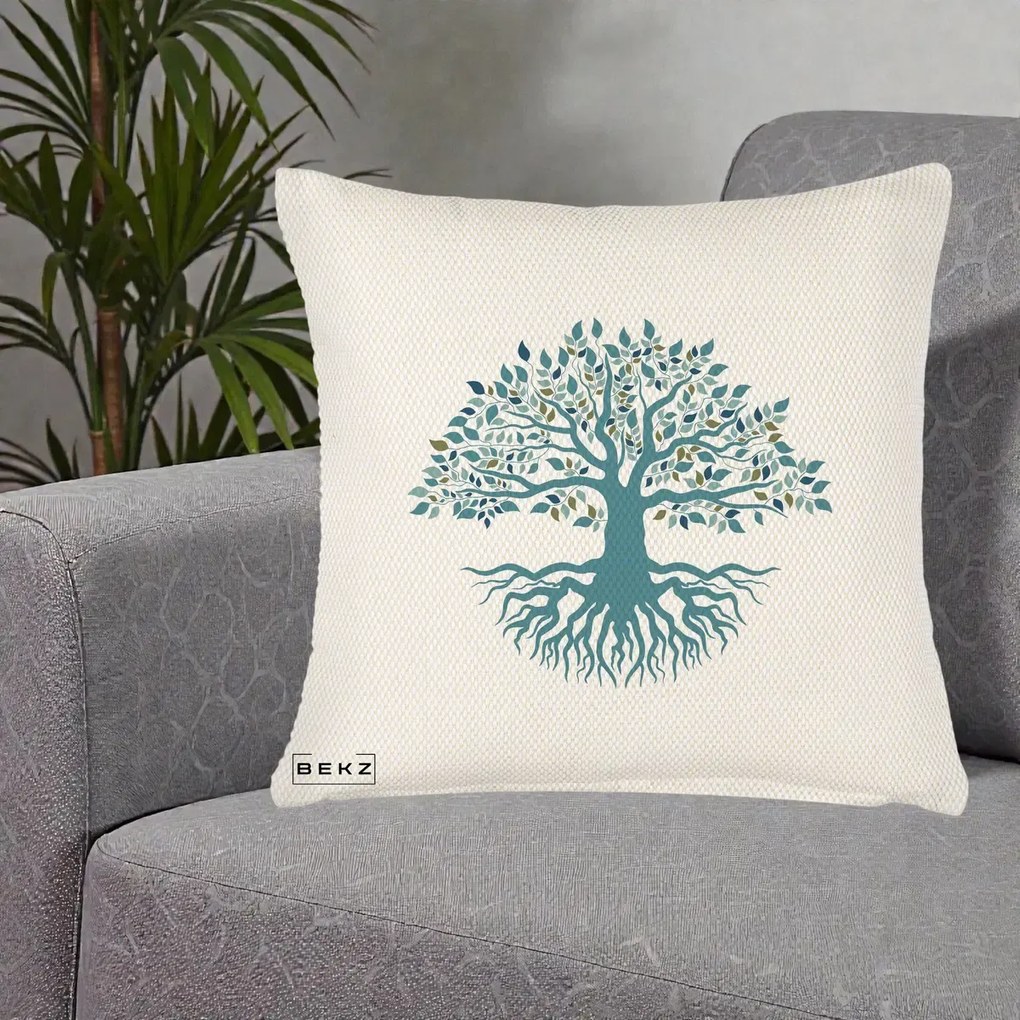 Perna Decorativa Copacul Vietii Teal cu Radacini, 40x40 cm, Crem Reliefat, Husa Detasabila, Perna Inclusa, BEKZ®