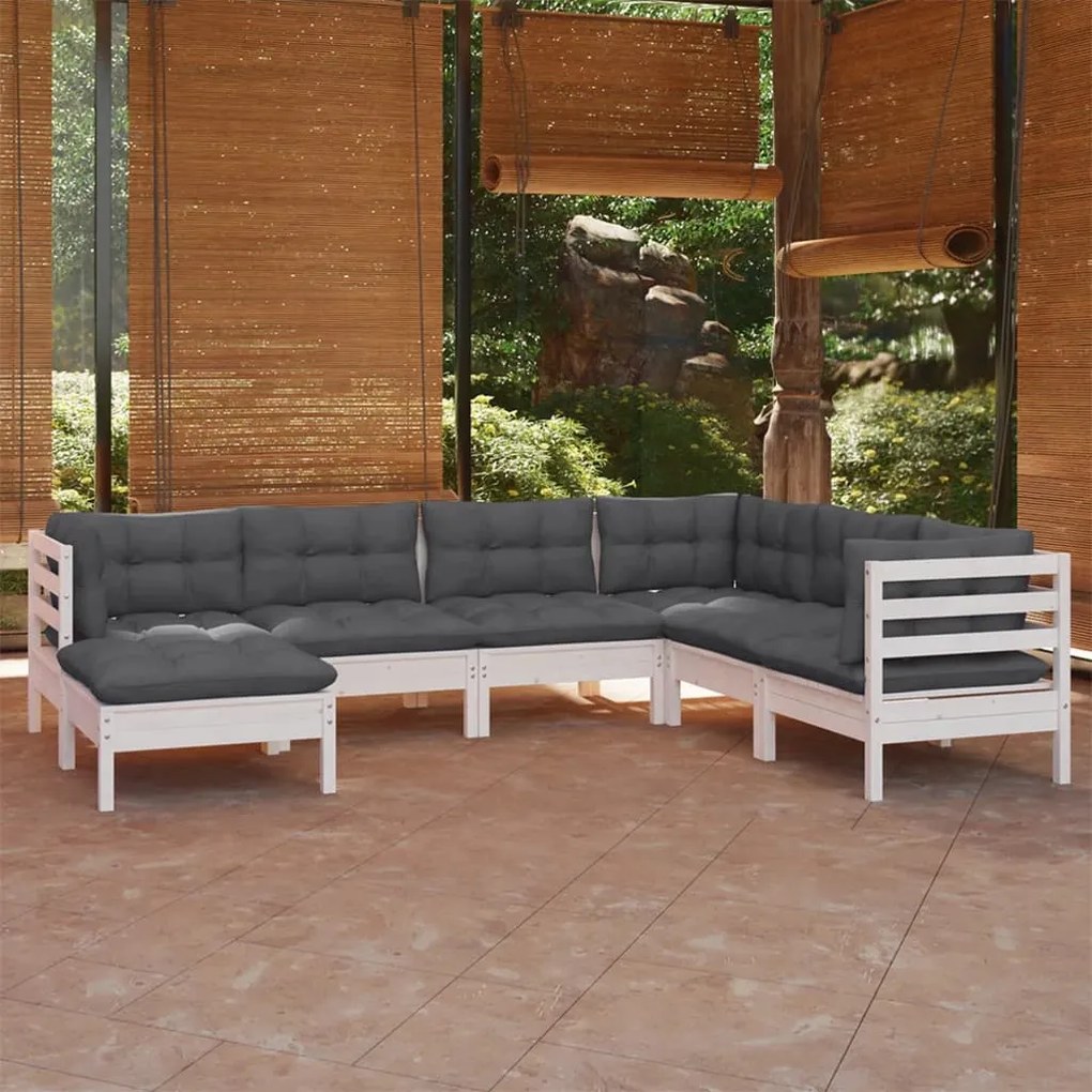 vidaXL Set mobilier de grădină cu perne, 7 piese, alb, lemn masiv pin