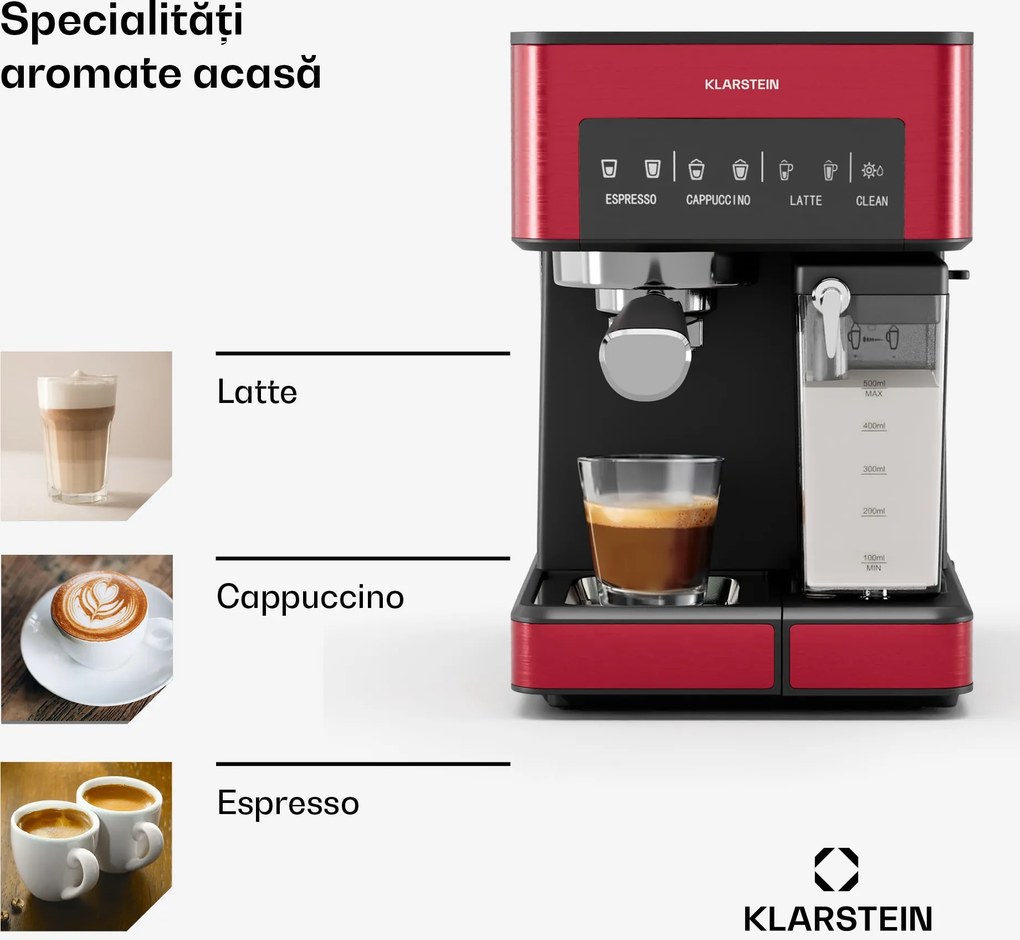 Klarstein 1,8 l aparat de cafea cu spumă de lapte, aparat de cafea 20 bar, mașină de cafea măcinată mică cu 1350 W, mașină de cafea barista pentru cappuccino latte espresso cu gheață