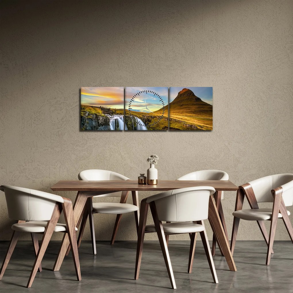 Tablou cu munții și cascade pe Islanda (cu ceas) (90x30 cm)
