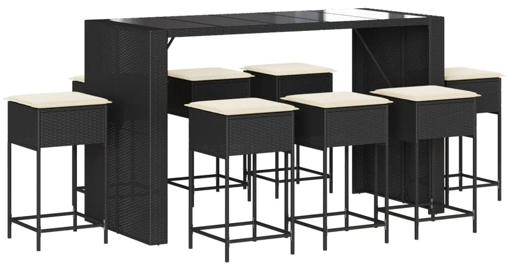 3261513 vidaXL Set mobilier bar de grădină cu perne, 9 piese, negru, poliratan