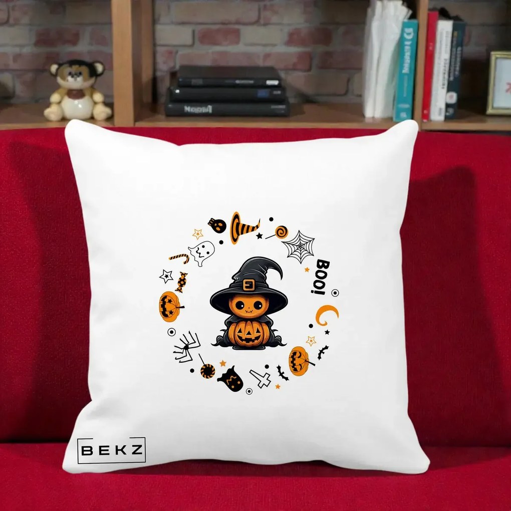 Perna Decorativa Halloween Dovleac Vrajitor Boo cu Simboluri, 40x40 cm, Alba Mata, Husa Detasabila, Perna Inclusa, BEKZ®