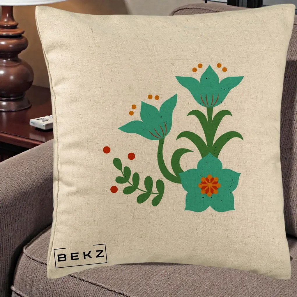 Perna Decorativa Flori Stilizate Folk Turcoaz, 40x40 cm, Bej, Husa Detasabila, Perna Inclusa, BEKZ®