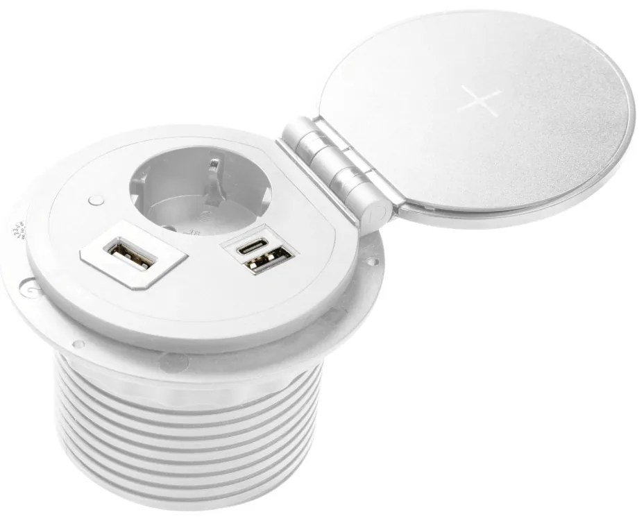 Priza incorporabila rotunda, 1 priza schuko, USB A+C + 1 port interschimbabil(USB A, HDMI, RJ45), incarcare Wireless 5 W, cablu 1.5 m, alba, GTV