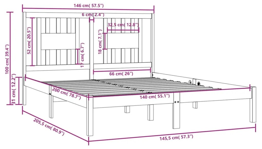 Cadru pat, alb, 140x200 cm, lemn masiv de pin Alb, 140 x 200 cm