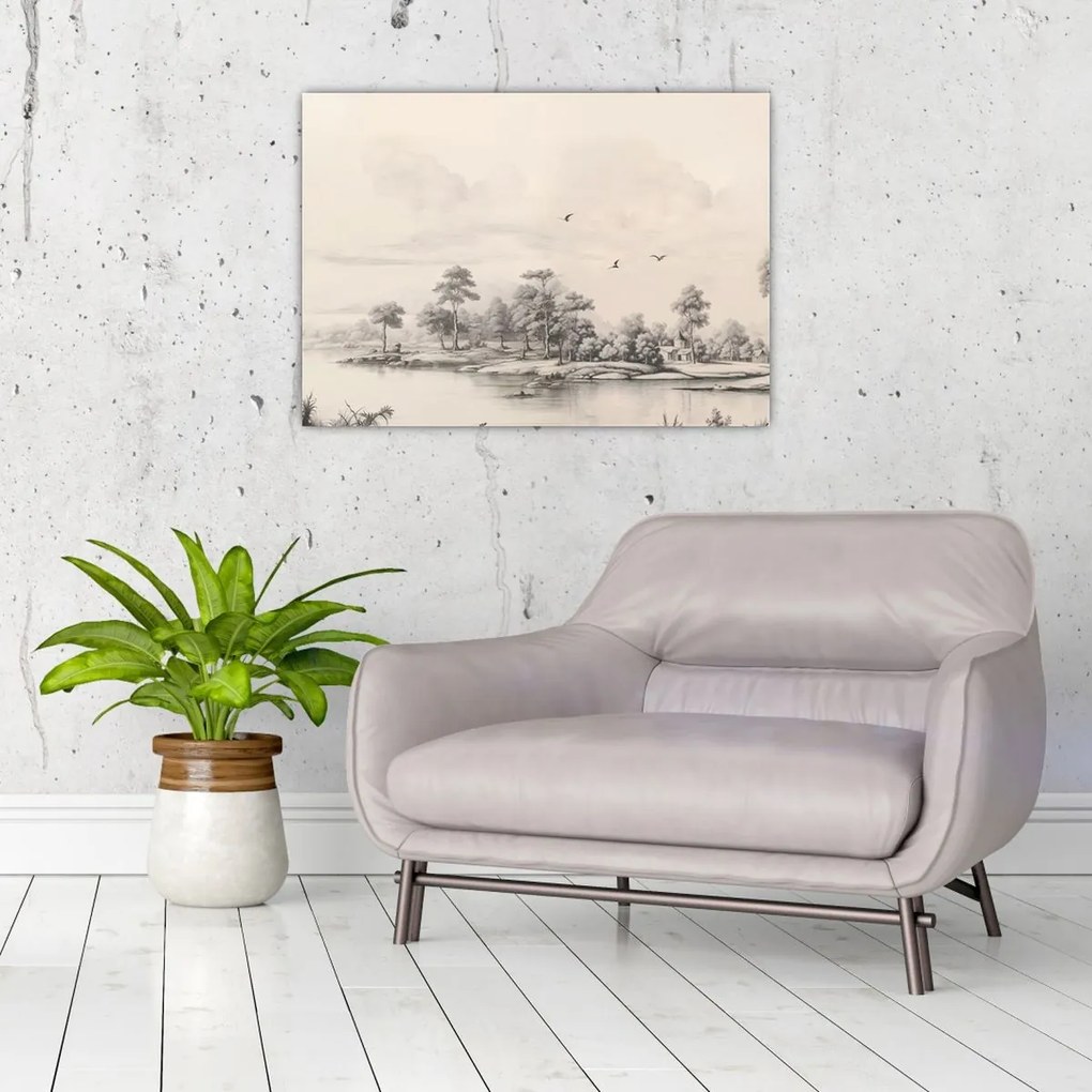 Tablou pe sticlă - Vintage peisaj desen peisaj (70x50 cm)