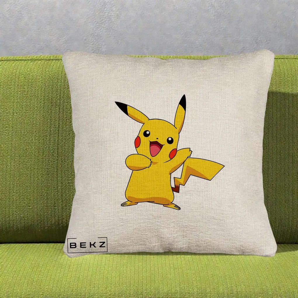 Perna Personalizata Pikachu Fericit, 40x40 cm, Bej Canapea, Husa Detasabila, Perna Inclusa, BEKZ®