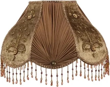 Abajur victorian din textil, maro, în formă de cupolă, cu broderie, plisuri și franjuri cu mărgele, 22 x 39 cm, „Albertine”