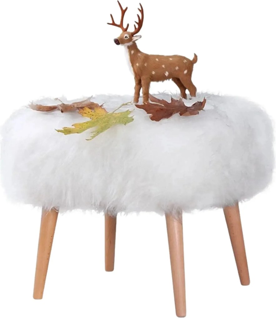 Taburet DEER, alb/stejar, blana artificiala/lemn, 50x42x45 cm