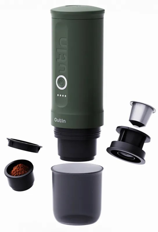 Еspressor portabil Outin Nano Forest Green, 12/24 V, 7500mAh, 20bar, 80ml, Incarcare USB, Cafea macinata si capsule, Verde