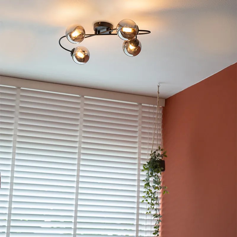 Plafoniera moderna neagra cu 4 lumini cu sticla fumurie - Atena