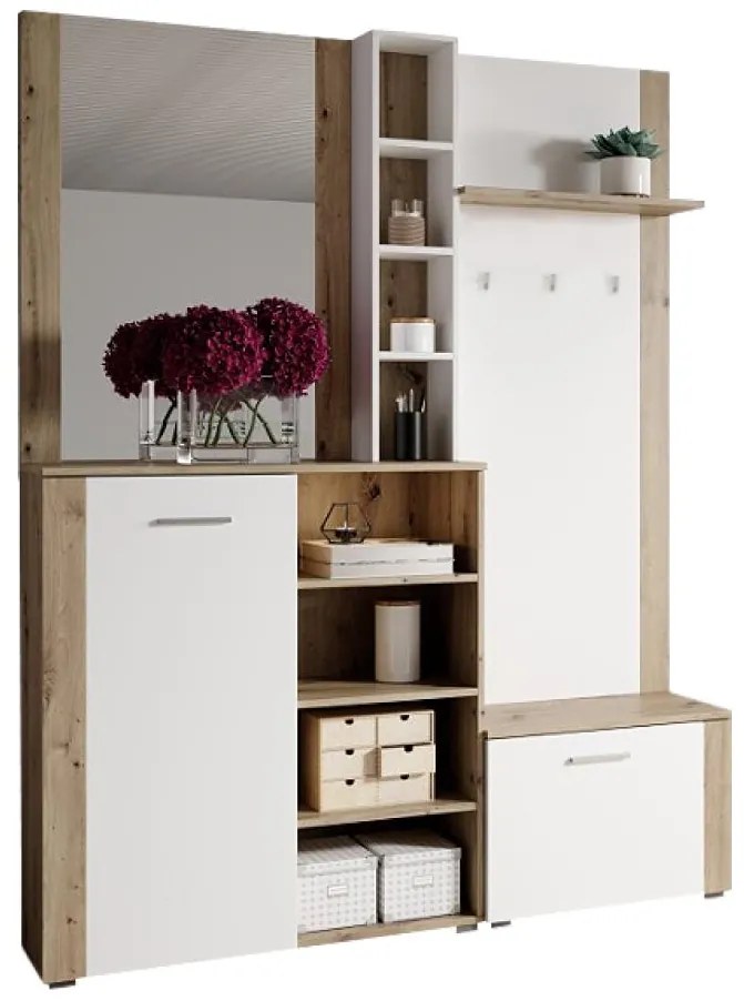 Set mobilier hol Fulgores (stejar artisan + alb) (cu oglindă). 1116335