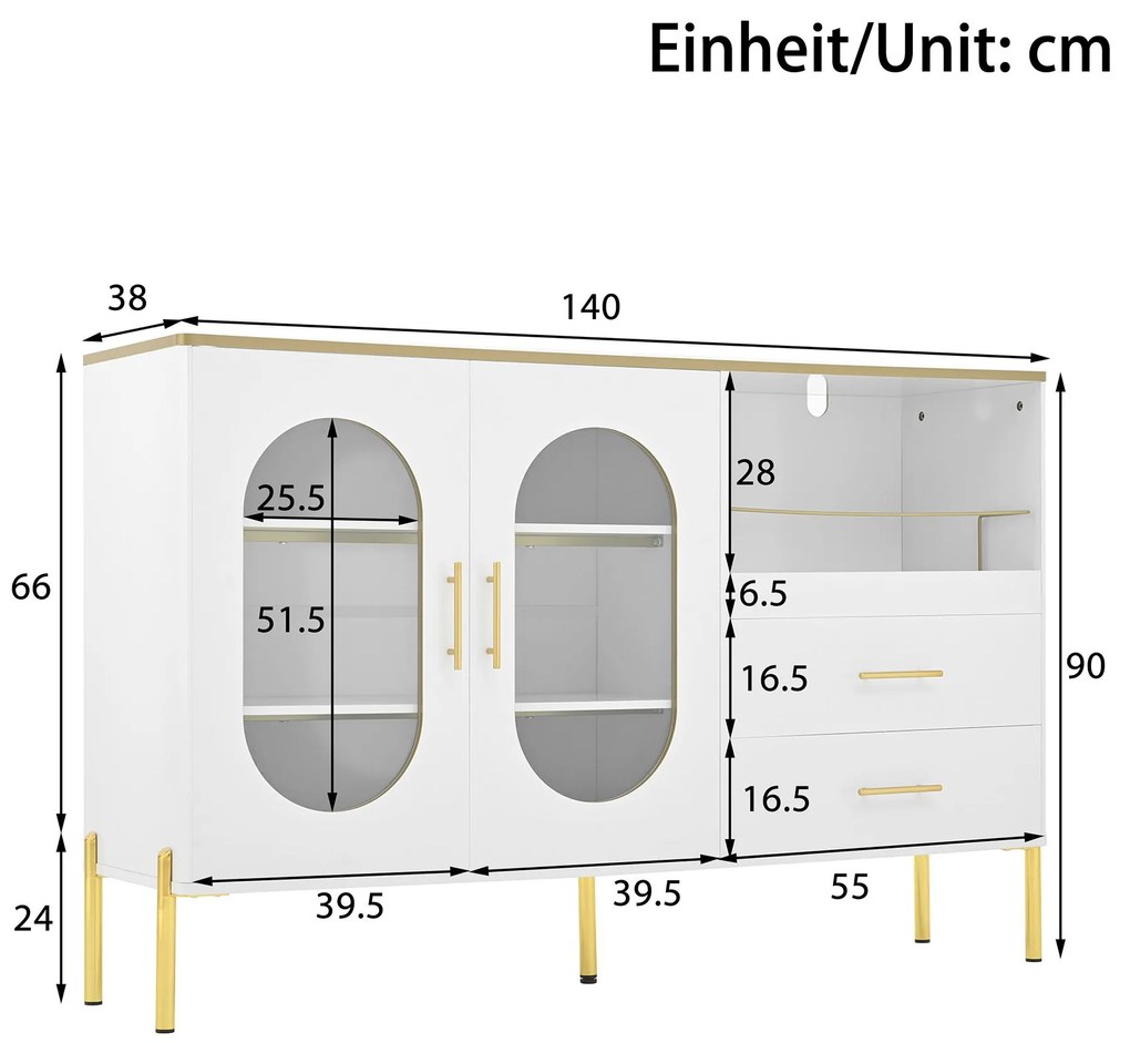 Comodă cu 2 sertare și 2 uși din sticlă, spațiu generos de depozitare, 140x38x90 cm, Alb