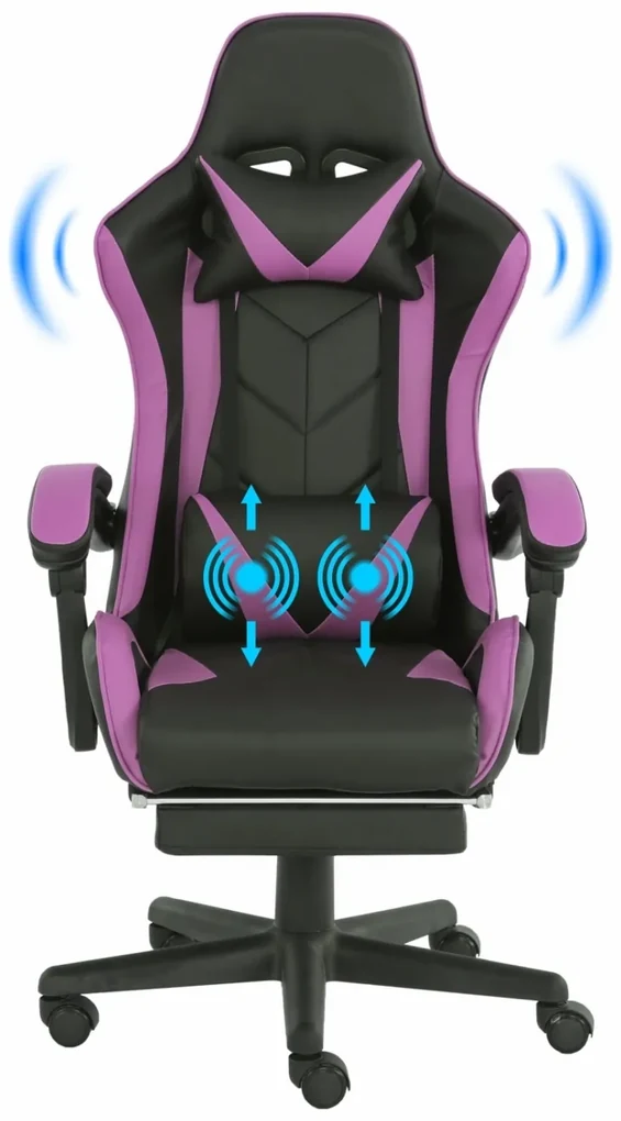 Scaun gaming, masaj în perna lombară, suport picioare, piele ecologica, Negru/Mov