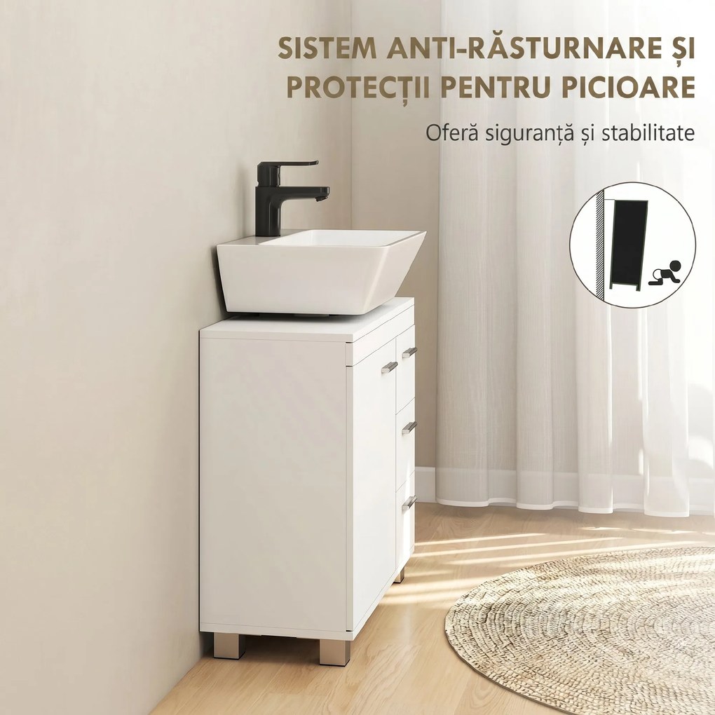 HOMCOM Dulap Sub Lavoar pentru Baie cu Ușă Amortizată și 3 Sertare, Decupaj în Formă de U și Rafturi, Dulap Modern și Compact pentru Lavoare cu Piedestal sau Fără, Alb | Aosom Romania