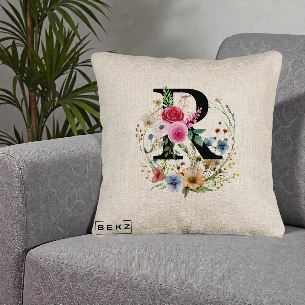 Cadou Personalizat - Perna Personalizata Monogram Litera R cu Flori Acuarela, 40x40 cm, Bej Canapea, Husa Detasabila, Perna Inclusa, BEKZ®