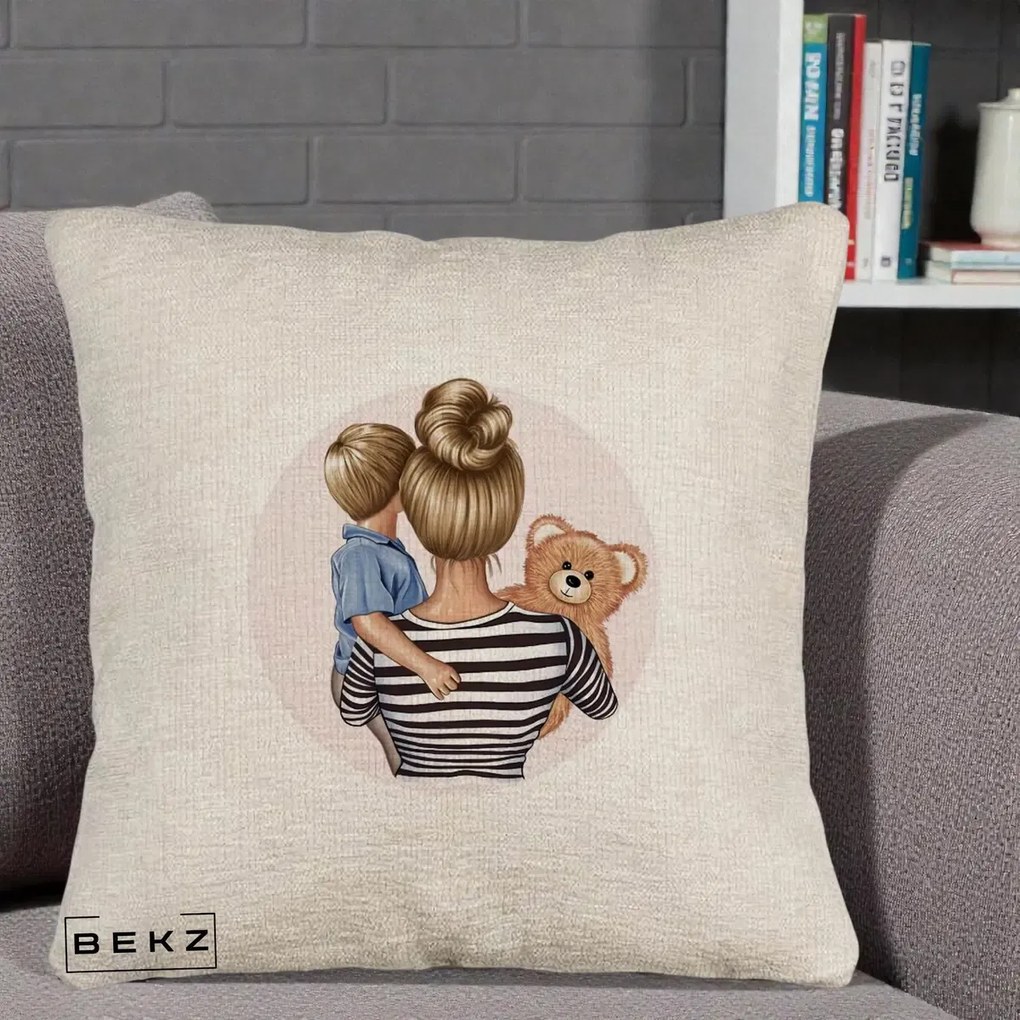 Cadou pentru Mama - Perna Personalizata Mama si Baietelul cu Ursulet, 40x40 cm, Bej Canapea, Husa Detasabila, Perna Inclusa, BEKZ®