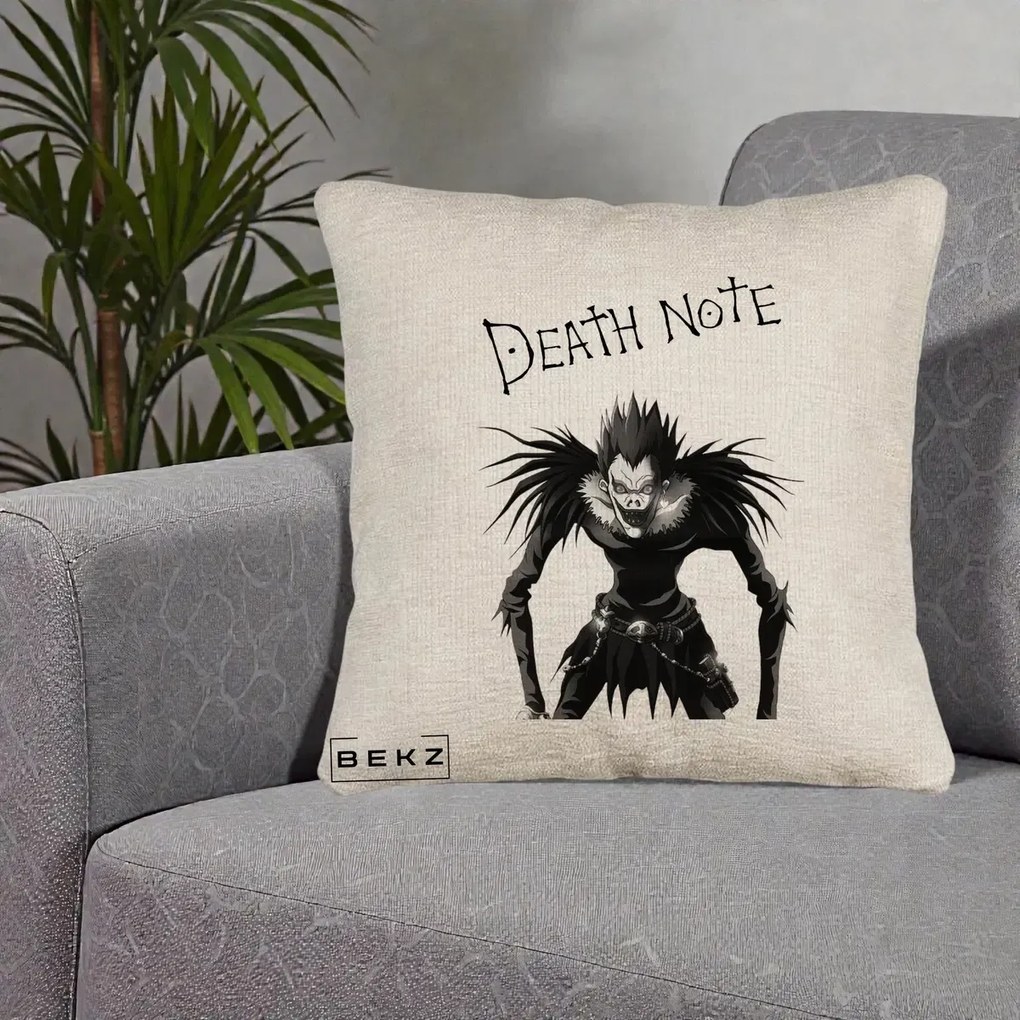 Perna Personalizata Death Note Ryuk Shinigami Alb-Negru, 40x40 cm, Bej Canapea, Husa Detasabila, Perna Inclusa, BEKZ®