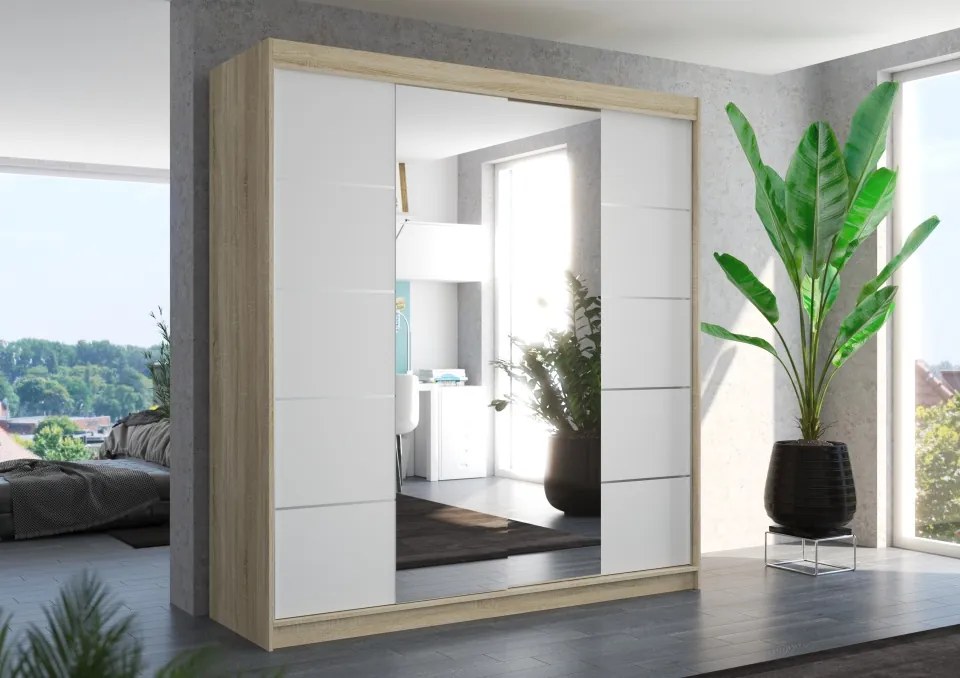 Dulap cu uși glisante DALMATIA – cu oglindă – 200x58x215 cm – Sonoma / Alb