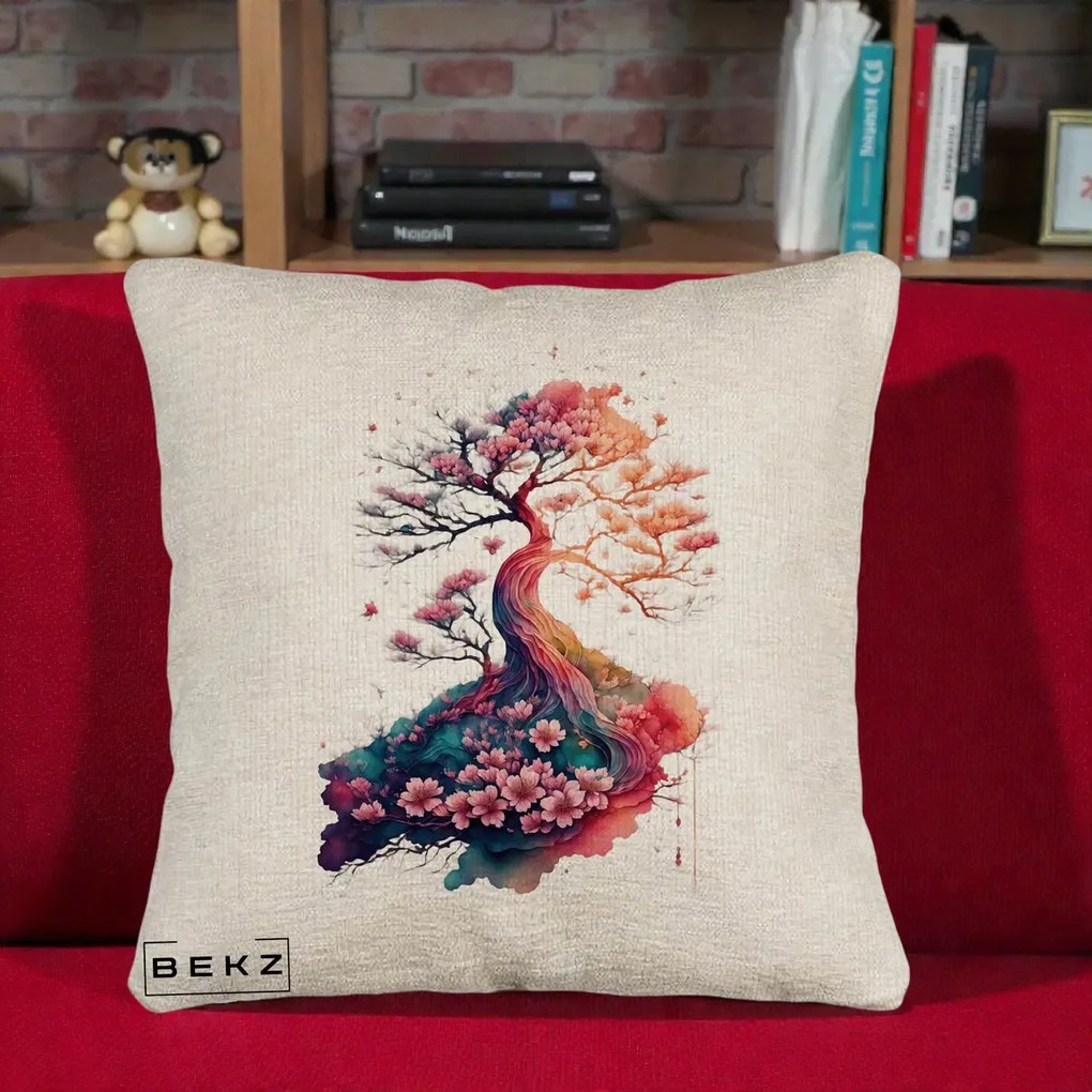 Perna Decorativa Copac Sakura Acuarela Fantasy, 40x40 cm, Bej Canapea, Husa Detasabila, Perna Inclusa, BEKZ®