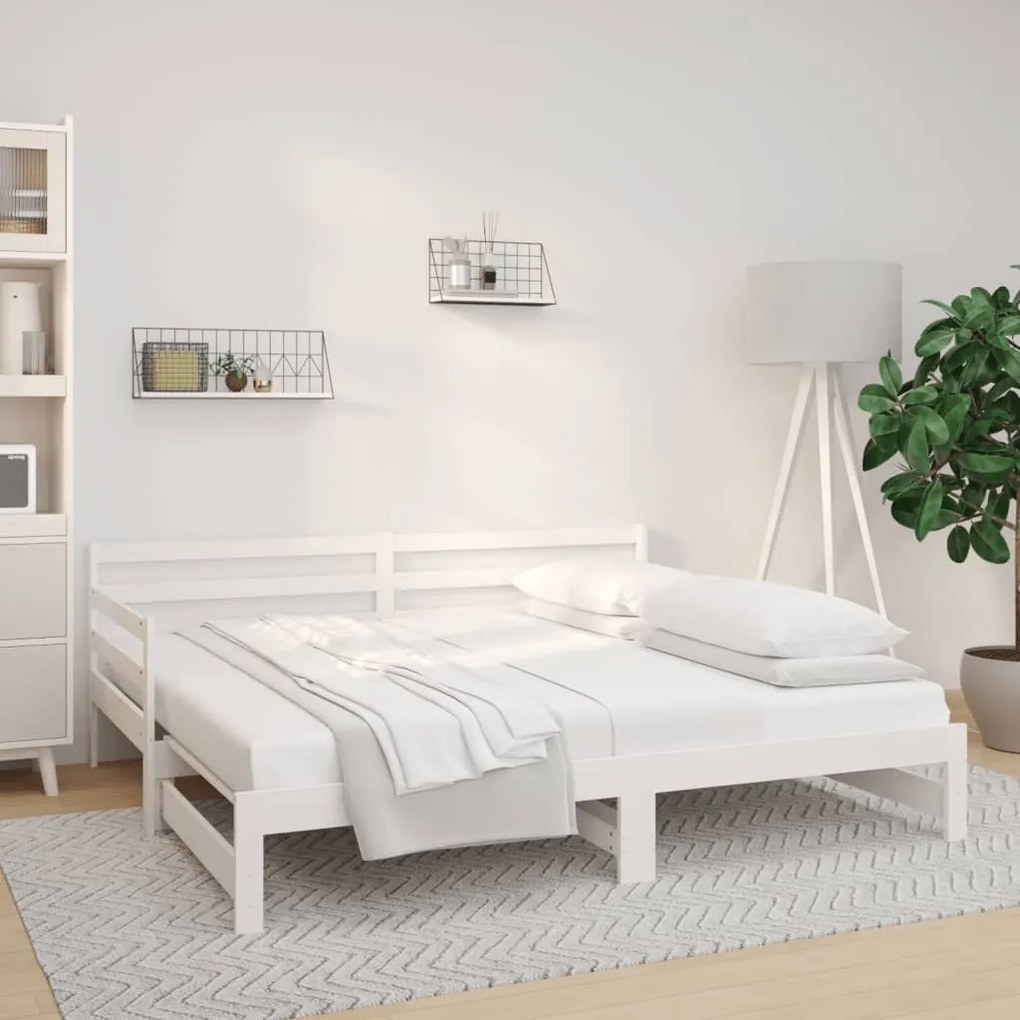 Pat de zi extensibil, alb, 2x(80x200) cm, lemn masiv de pin Alb