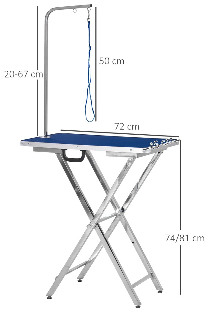 PawHut Masa de Toaleta Pliabila cu Maner Integrat, Brat Reglabil si Lesa, 70x45x74-81cm, Albastra | Aosom Romania